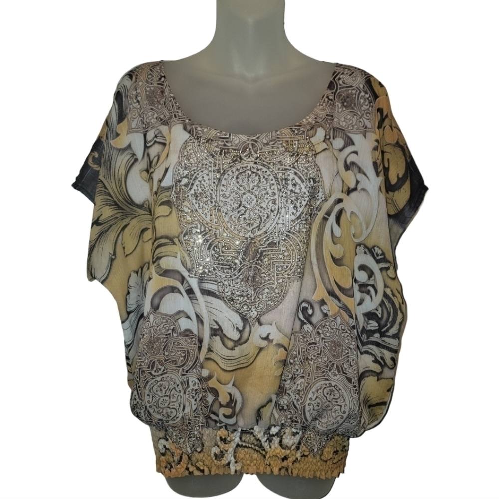 JM COLLECTION, Women's Brown/Gold Abstract Pattern Embellished Blouse, S…